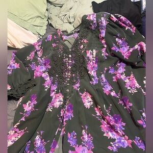 Roaman's Black and Purple Floral Blouse